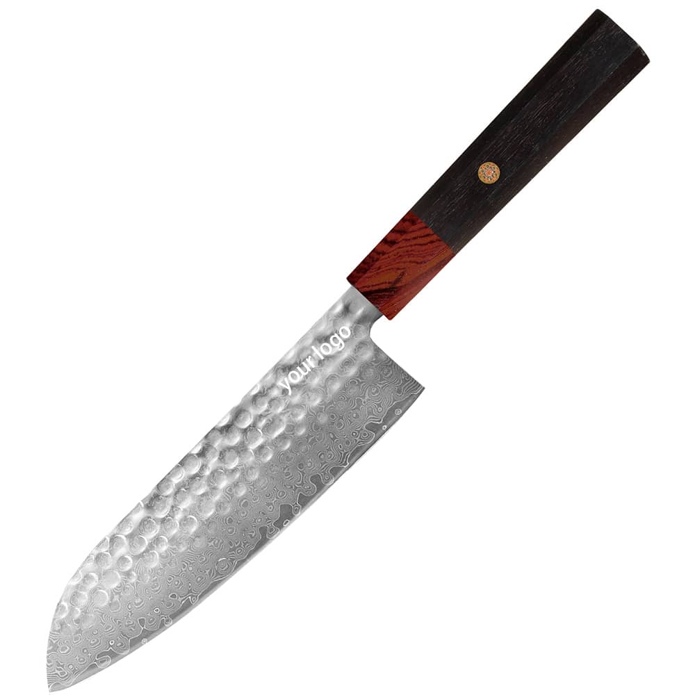 Damascus Clad 10Cr15CoMoV Ebony Handle Santoku 201 mm Hammered Finish KKDA0126