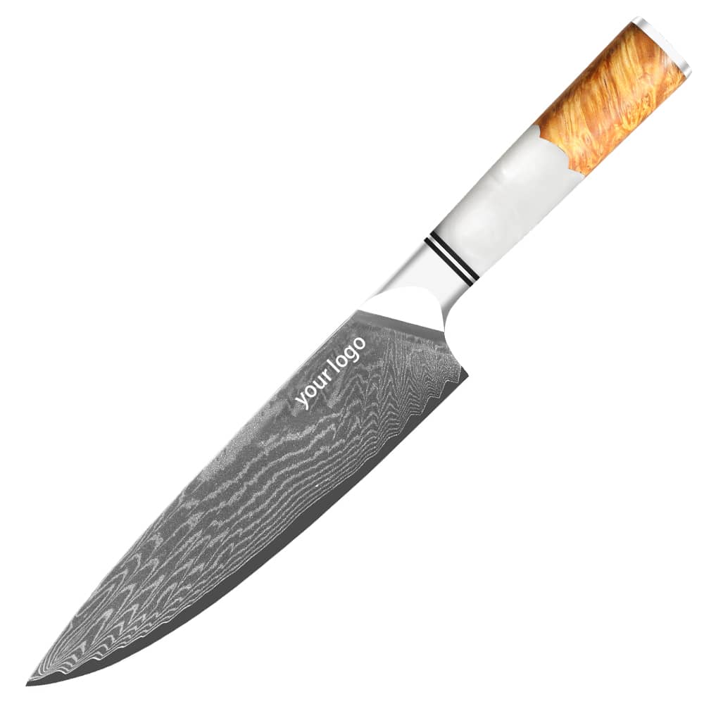 Damascus Clad 10Cr15CoMoV Oval Stabilized Wood Handle Gyuto 205 mm KKDA0214-KKDA0217