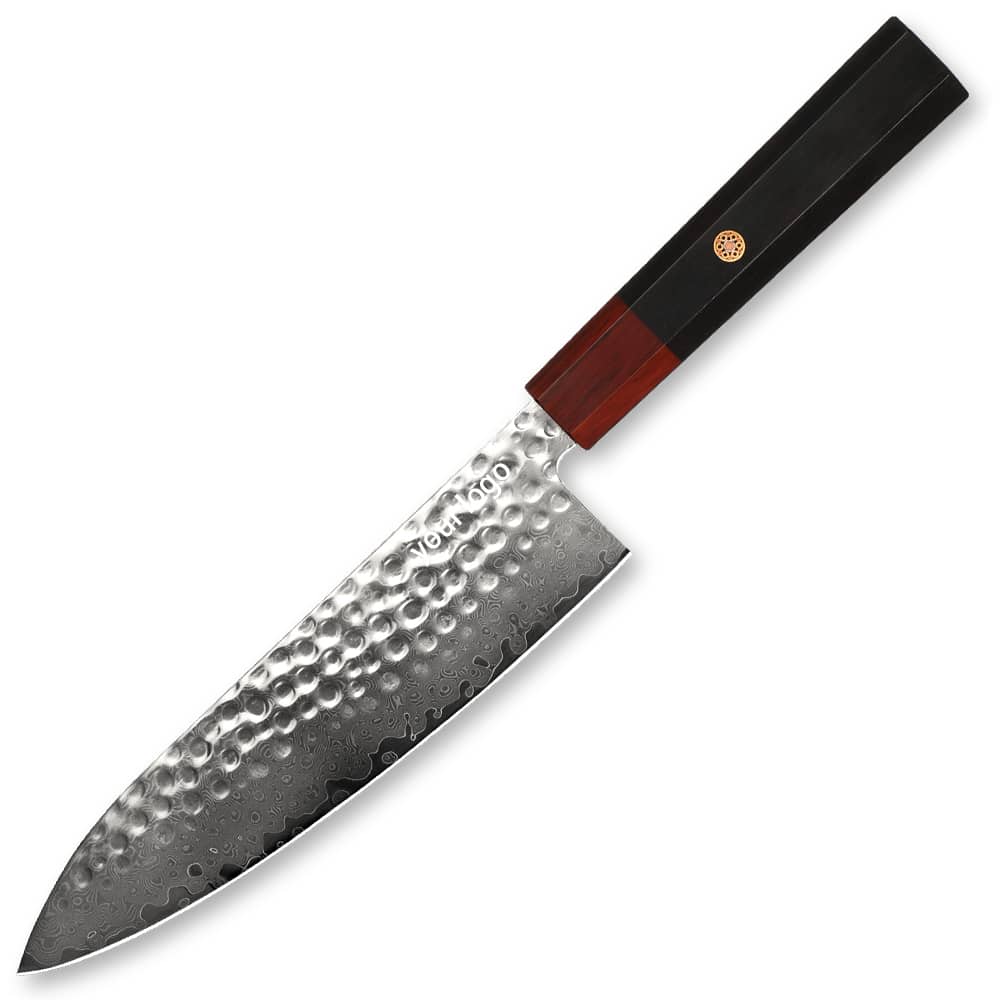 Damascus Clad 10Cr15CoMoV Ebony Octagonal Wa Handle Santoku 201 mm Hammered Finish KKDA0229