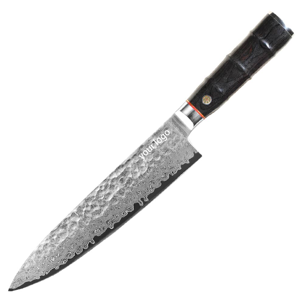 Damascus Clad 10Cr15CoMoV Stabilized Wood Handle Gyuto 195 mm Hammered Finish KKDA0250-0251