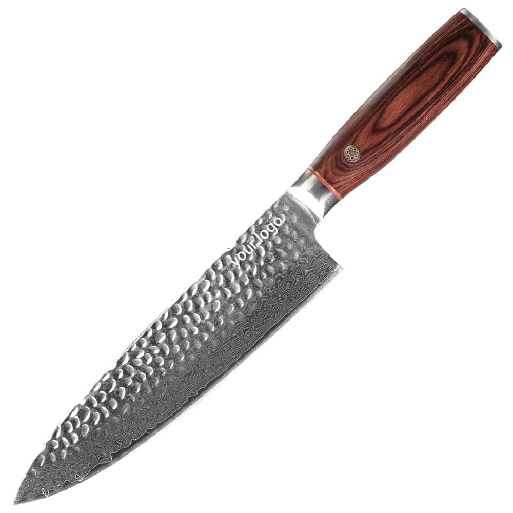 Damascus Clad 10Cr15CoMoV Pakkawood Handle Chef 195 mm Hammered Finish KKDA0013